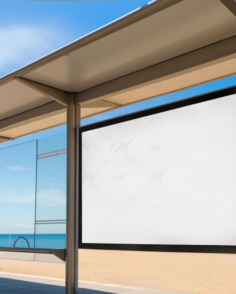 Mockup Anúncio Ponto Ônibus Praia Profissional PSD