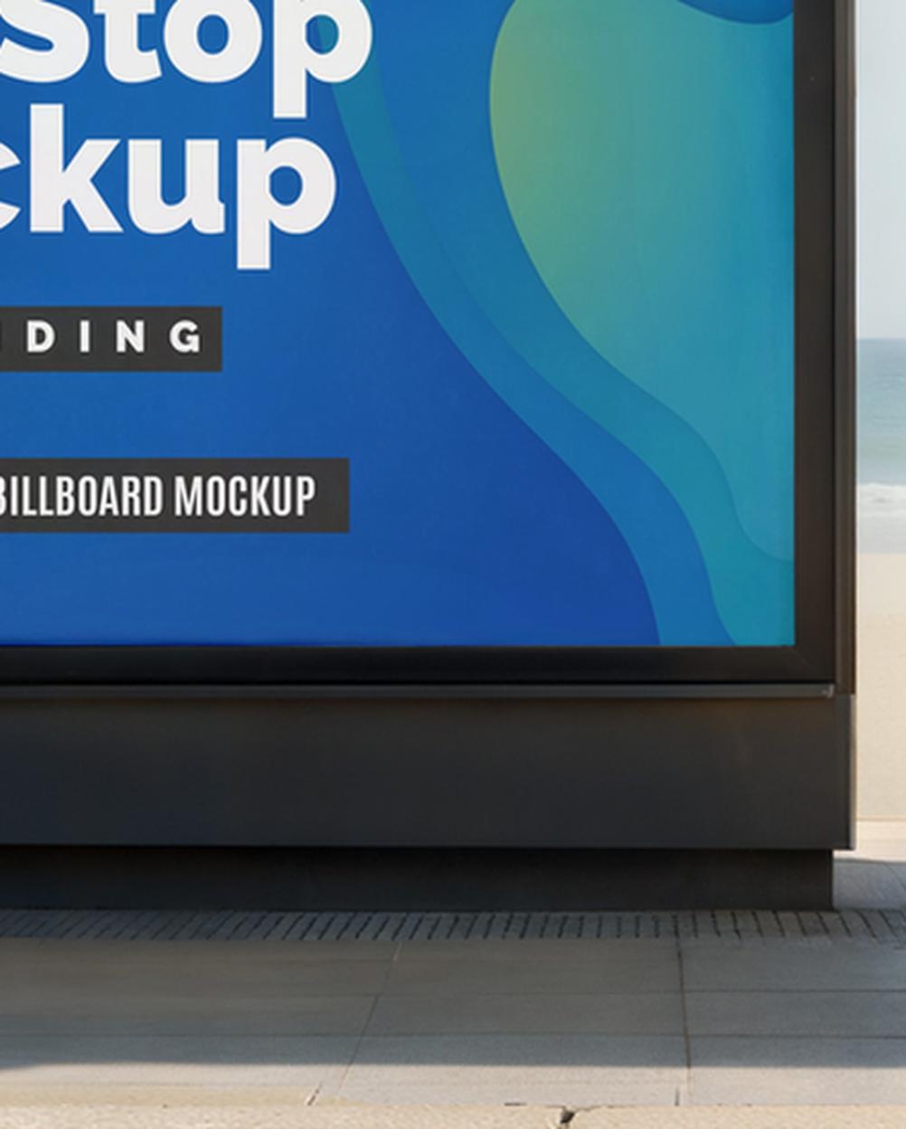 Mockup Billboard Ponto Ônibus Beira-Mar - Close Up Mockups de Publicidade Mockup PSD Profissional Mockup Billboard Ponto Ônibus Beira-Mar - Close Up Mockups de Publicidade Mockup PSD Profissional